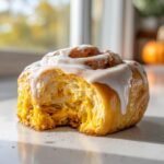 Close-up of a soft, orange-hued Pumpkin Chai Cinnamon Roll with a bite taken out, drizzled with white icing.