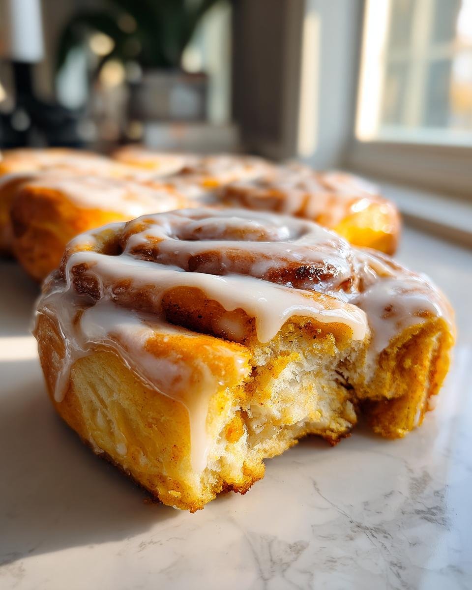 A close-up of a soft Pumpkin Chai Cinnamon Roll with a bite taken out, drizzled with white icing.