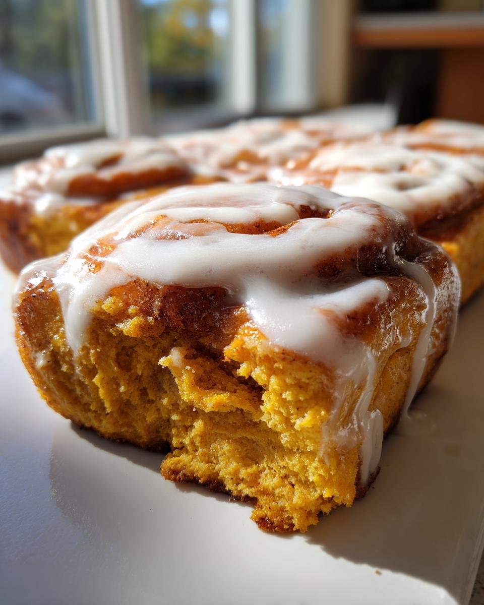 Close-up of a soft, orange-hued Pumpkin Chai Cinnamon Roll with a bite taken out, covered in white glaze.
