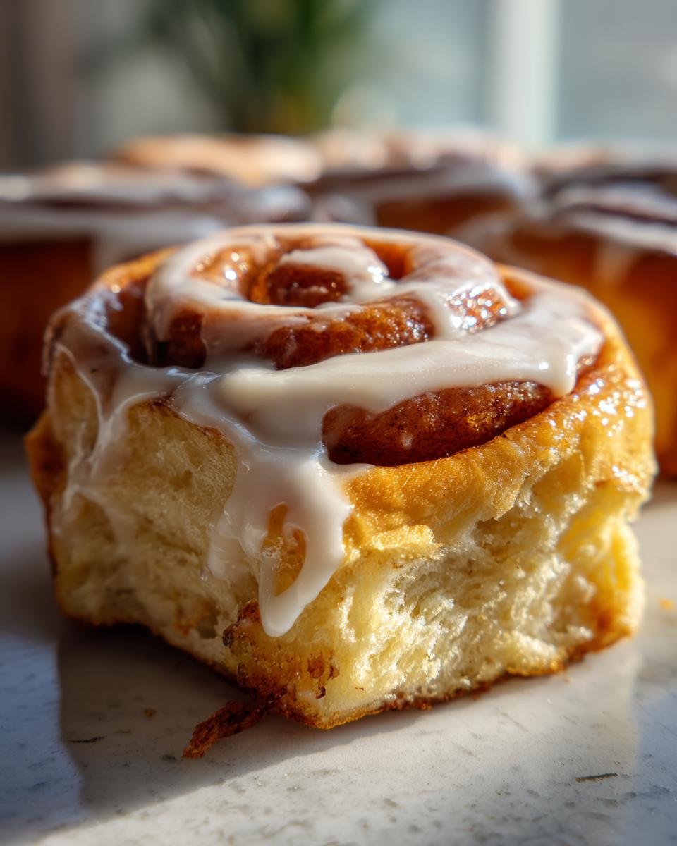 A close-up, macro shot of a single, freshly baked Pumpkin Chai Cinnamon Roll covered in thick white icing.