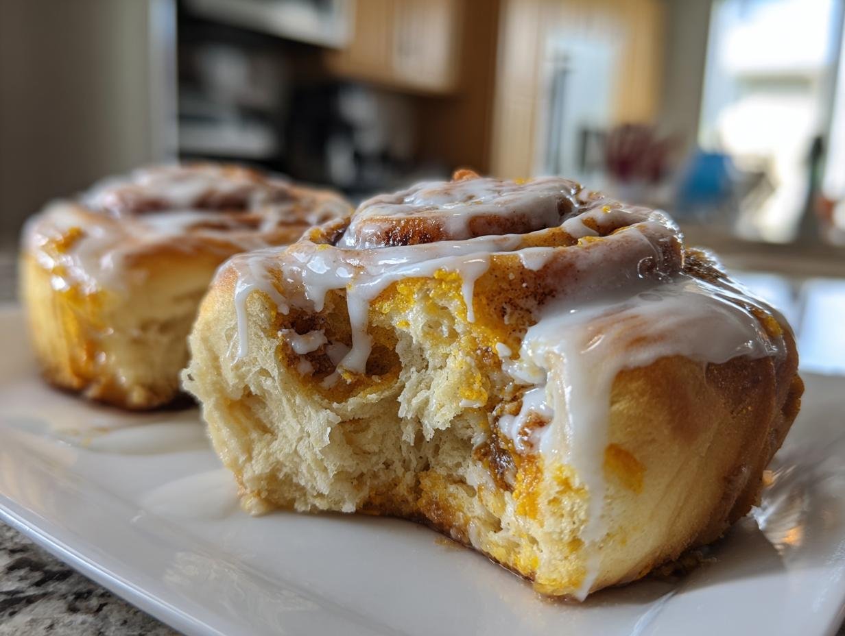 Close-up of a soft Pumpkin Chai Cinnamon Roll with a bite taken out, drizzled with white icing.