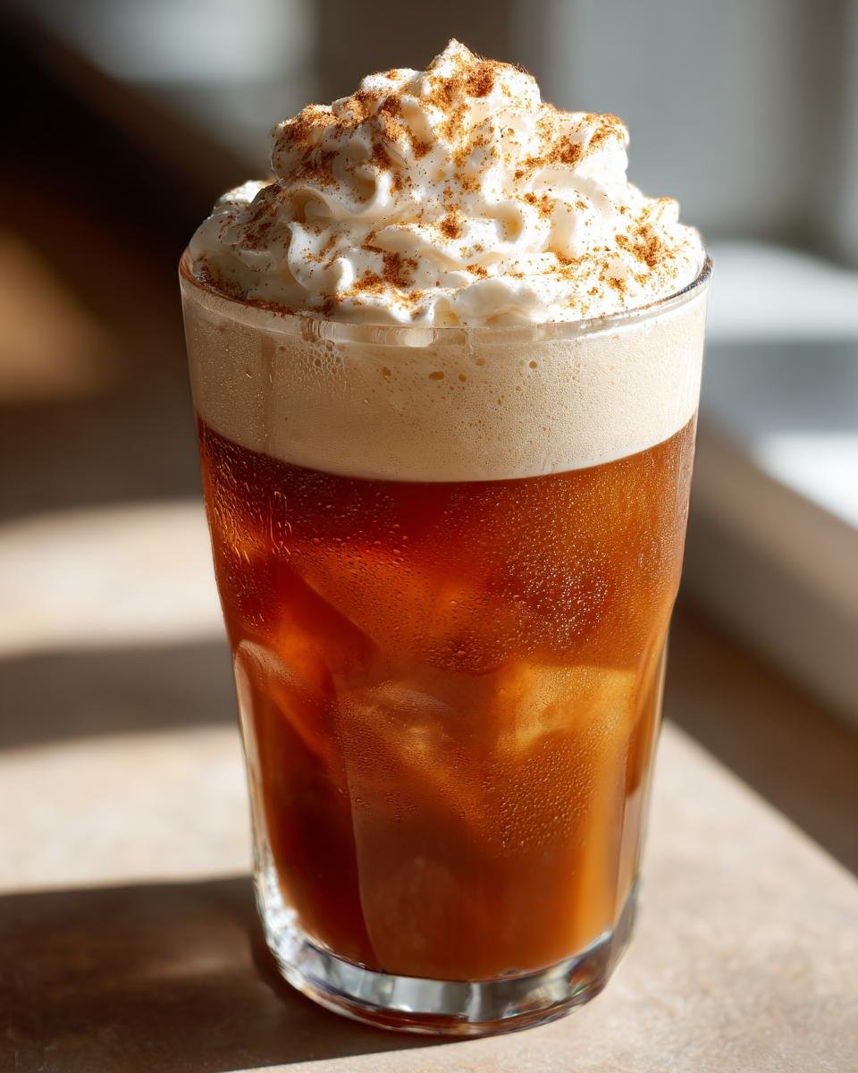 A tall glass of Pumpkin Chai Cream Cold Brew over ice, topped with thick whipped cream and cinnamon spice.