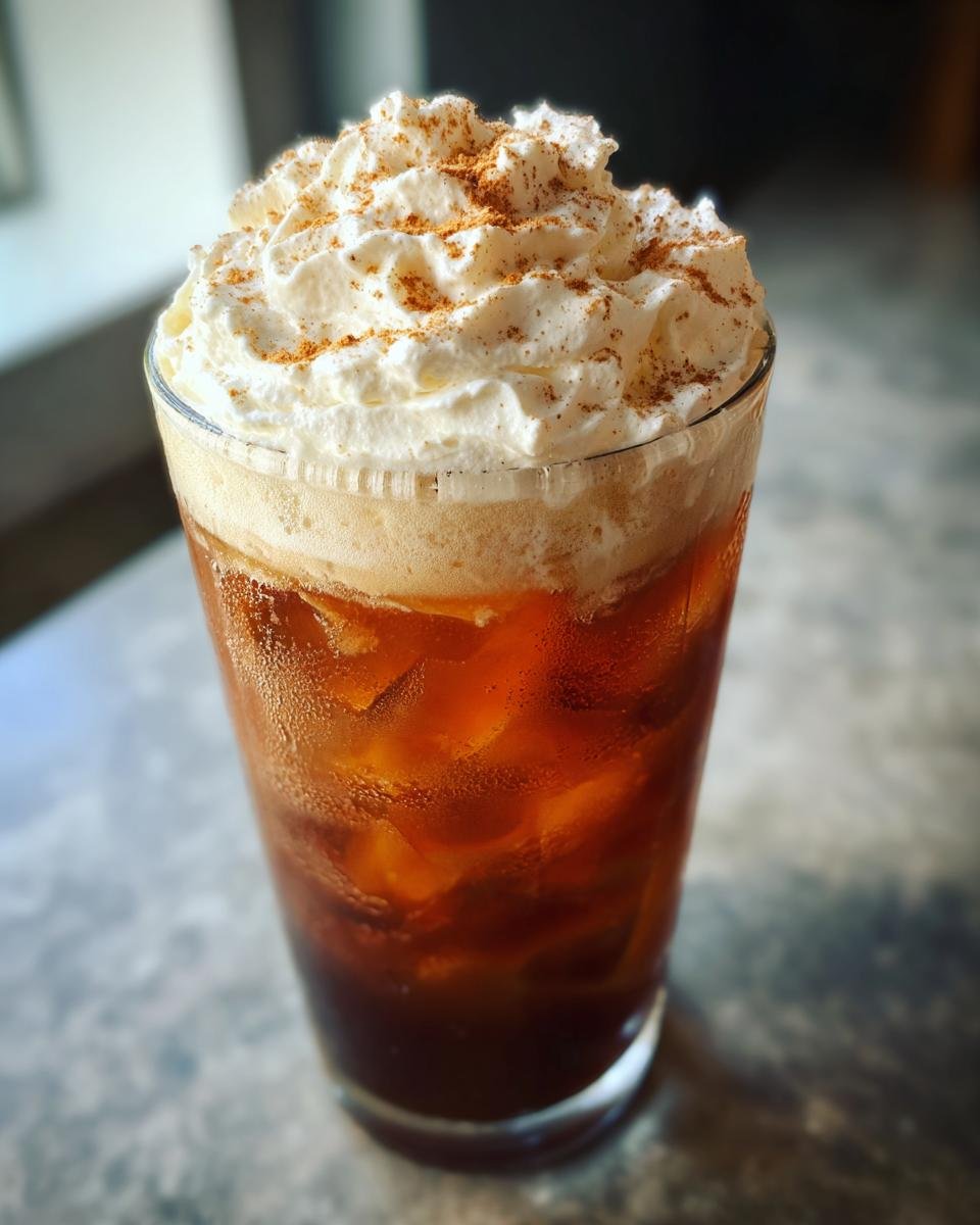 A tall glass of Pumpkin Chai Cream Cold Brew filled with ice, topped with whipped cream and cinnamon.