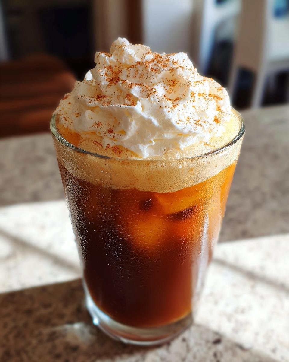 A tall glass of cold Pumpkin Chai Cream Cold Brew topped with whipped cream and cinnamon spice.