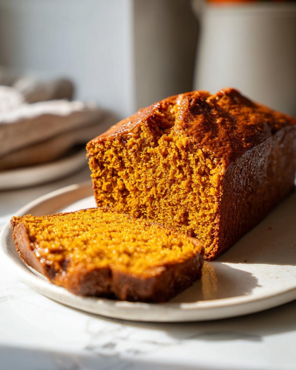A close-up of a freshly baked Pumpkin Chai Latte Bread loaf with one slice cut and resting beside it on a light plate.