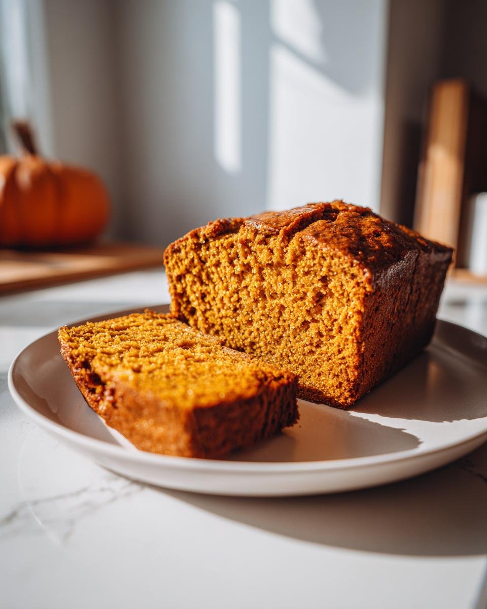 A loaf of rich, orange-colored Pumpkin Chai Latte Bread with one slice cut and resting beside it on a white plate.