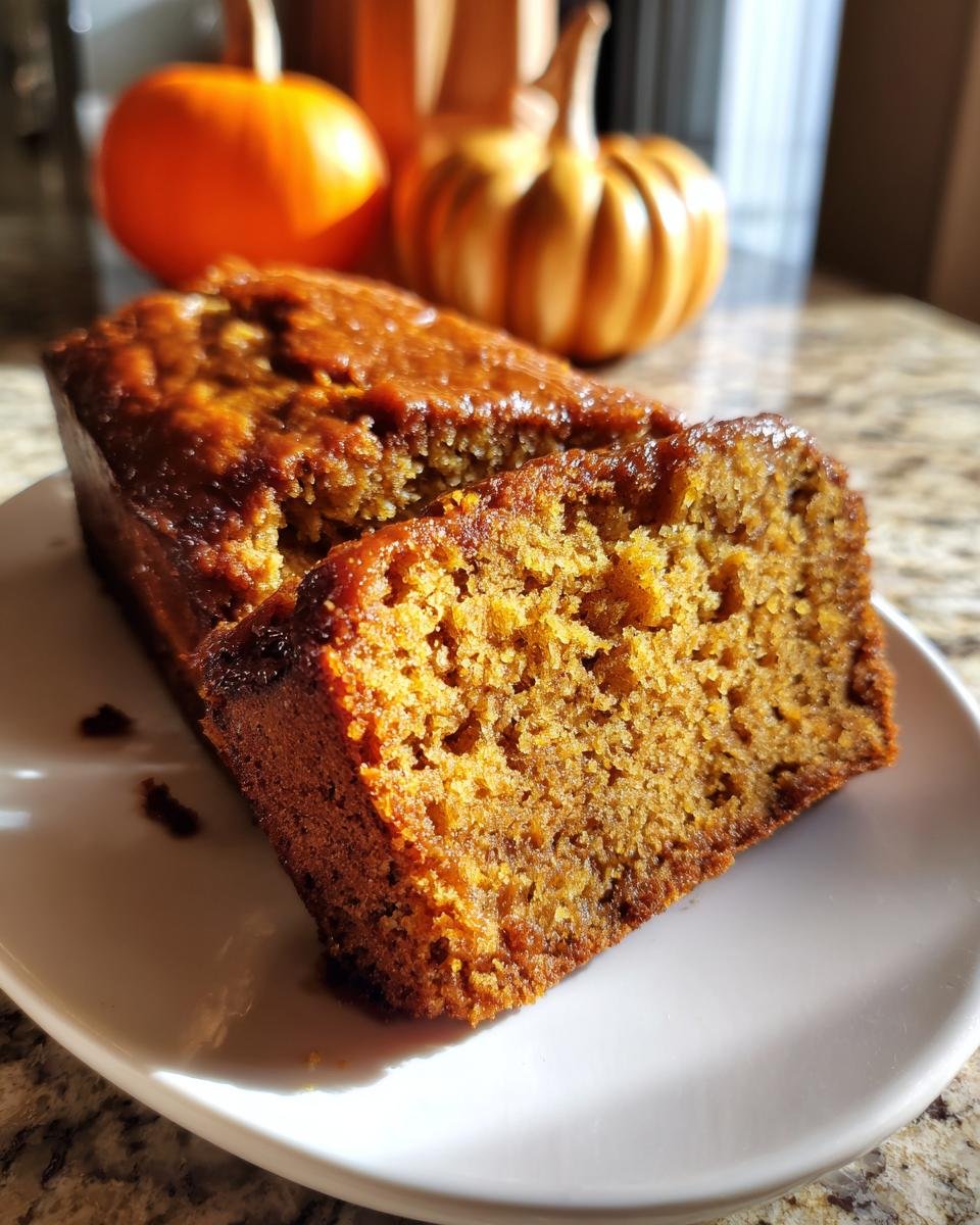 A close-up of a thick slice cut from a moist Pumpkin Chai Latte Bread, served on a white plate with decorative pumpkins in the background.