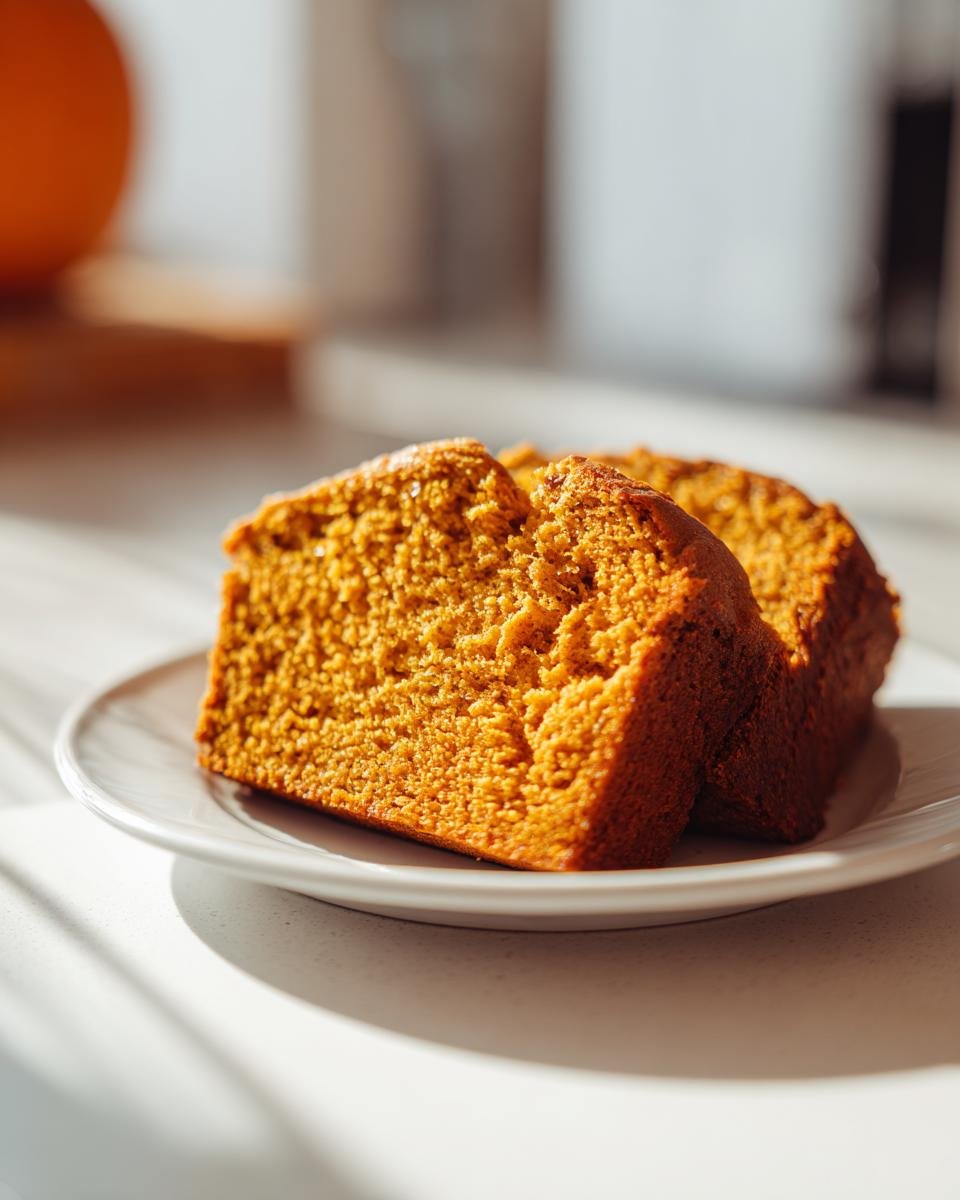Two moist slices of rich orange Pumpkin Chai Latte Bread served on a white plate in bright sunlight.