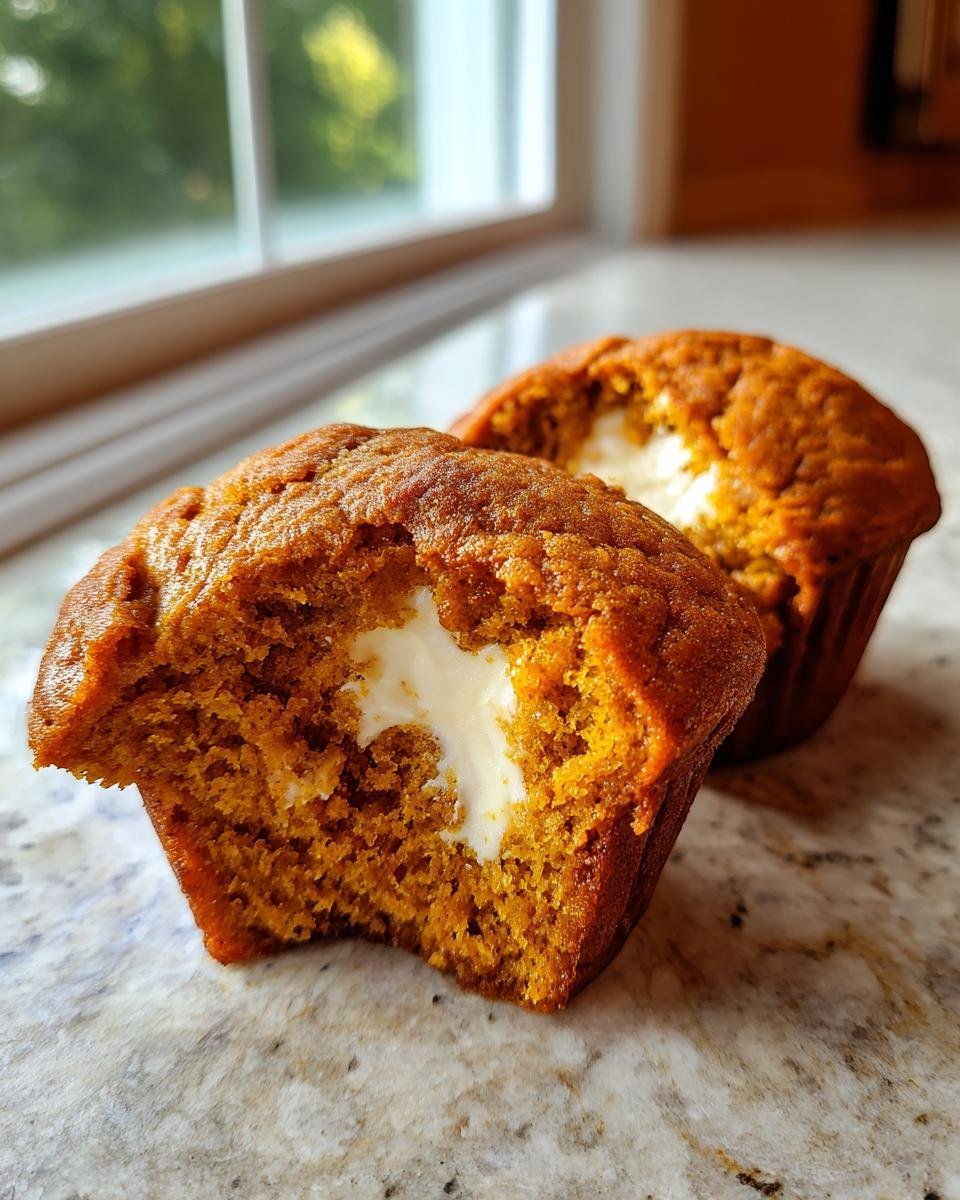 A close-up of a Pumpkin Cream Cheese Swirl Muffin with a bite taken out, revealing the creamy white filling.