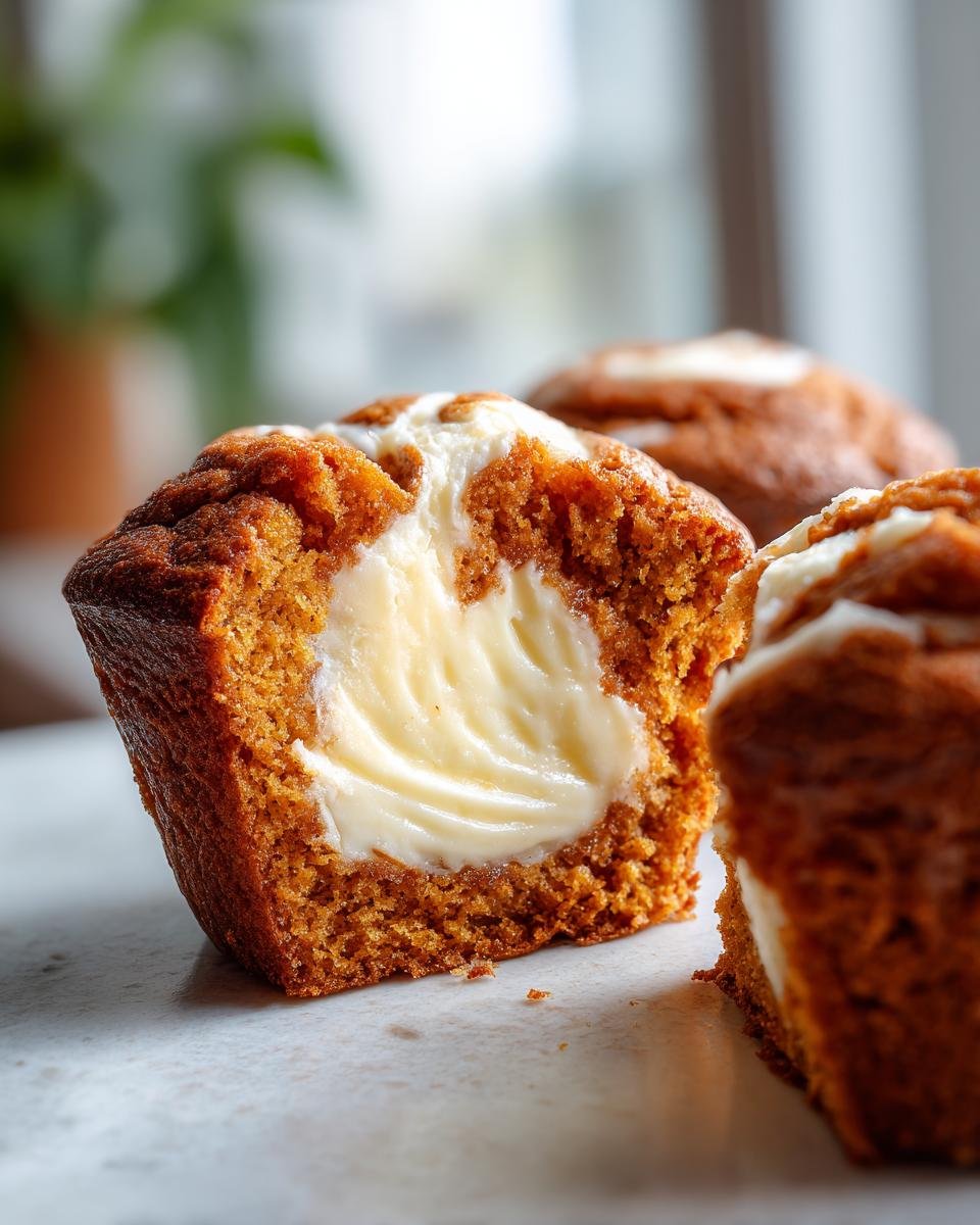 Close-up of a Pumpkin Cream Cheese Swirl Muffin cut in half showing the rich, creamy center filling.