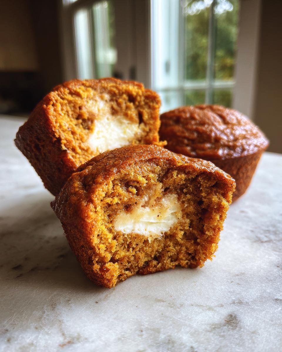 Close-up of two Pumpkin Cream Cheese Swirl Muffins, one cut open revealing the creamy center.
