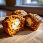 Close-up of a Pumpkin Cream Cheese Swirl Muffin cut in half showing the rich orange cake and creamy white filling.