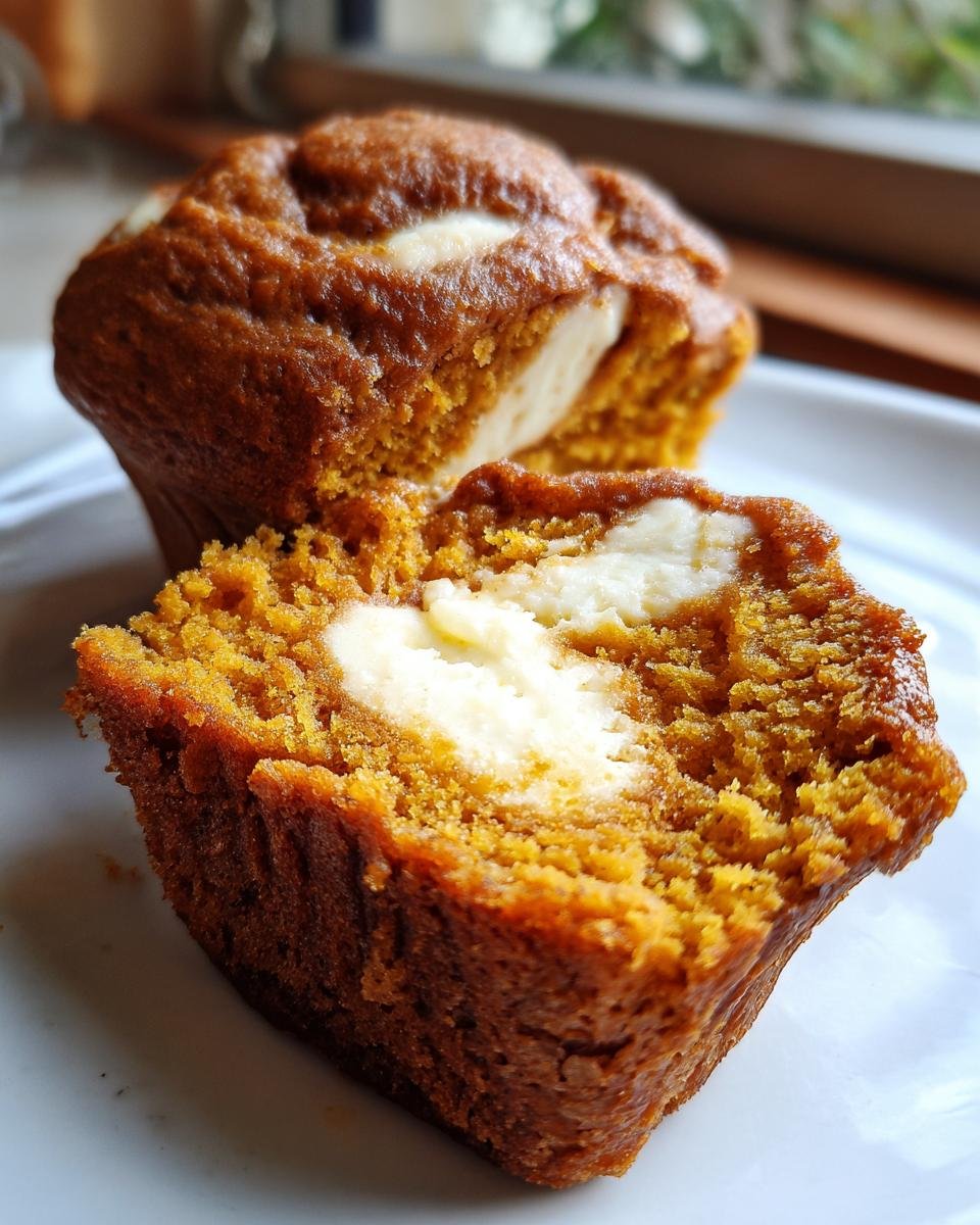 Close-up of a Pumpkin Cream Cheese Swirl Muffin cut in half showing the moist orange crumb and white cream cheese center.