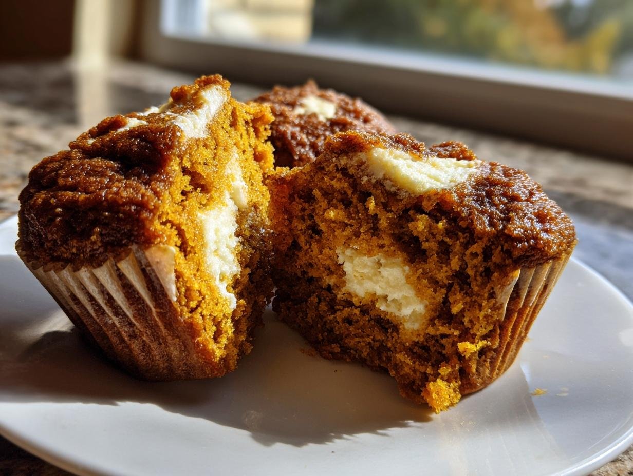 Close-up of a Pumpkin Cream Cheese Swirl Muffin cut in half showing the moist orange crumb and white cream cheese filling.