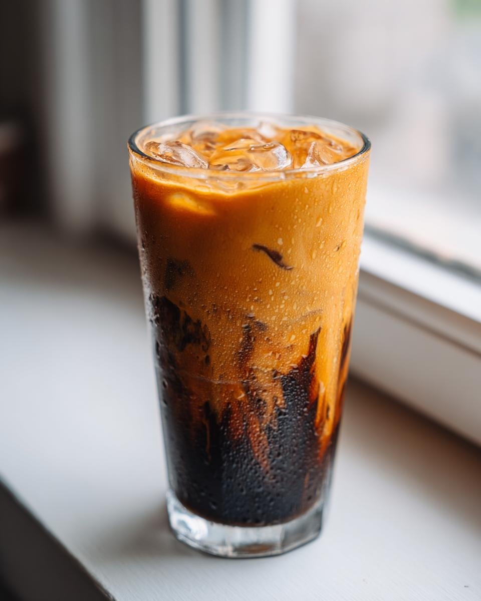 Close-up of a tall glass filled with a cold Pumpkin Dirty Chai Iced Latte showing dark espresso swirling into the orange chai mixture over ice.