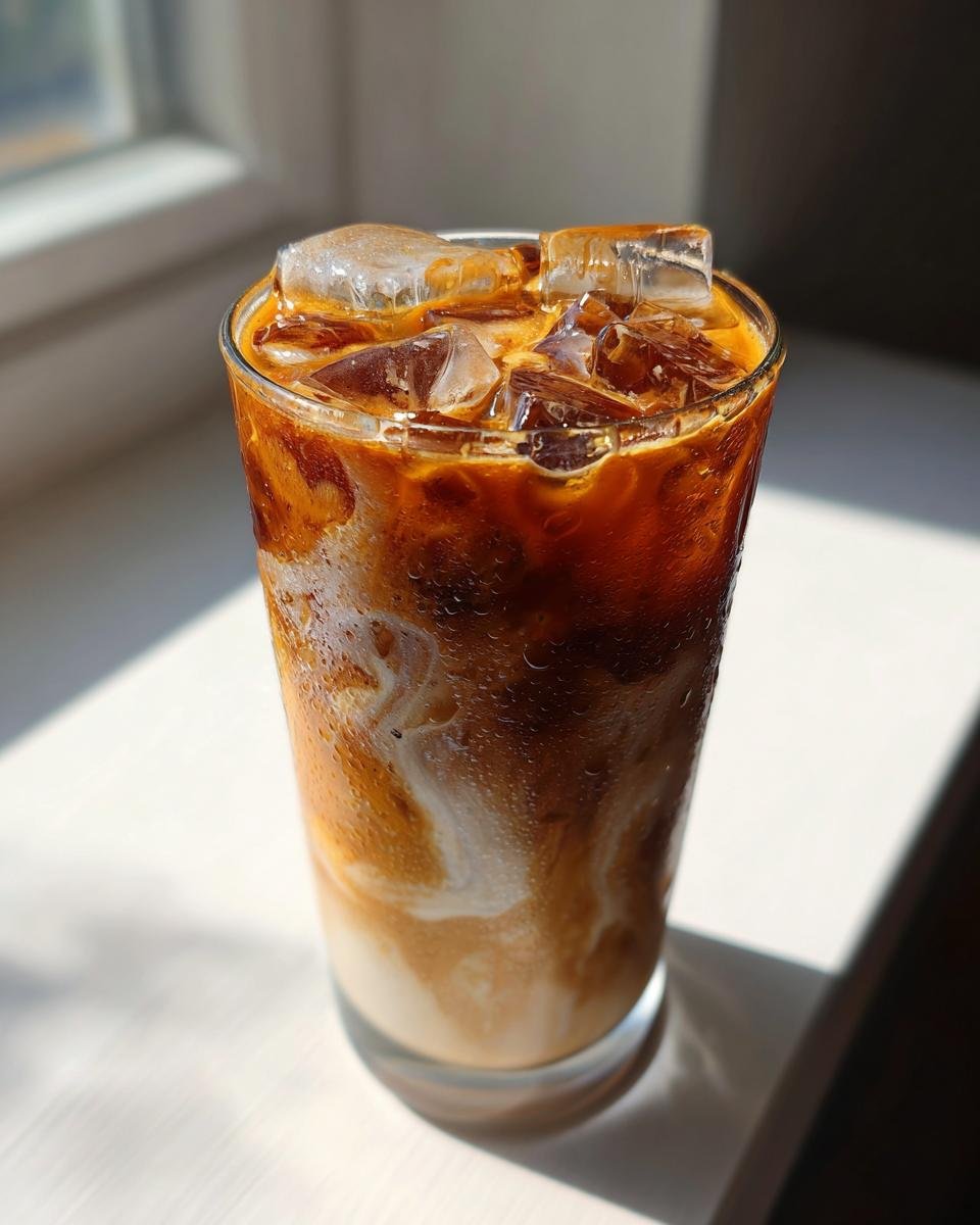 A tall glass of Pumpkin Dirty Chai Iced Latte with ice cubes, showing rich swirls of espresso and milk.