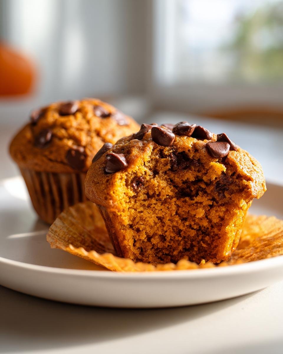 Close-up of a Pumpkin Spice Chocolate Chip Muffin with a bite taken out, showing moist crumb and melted chocolate chips.