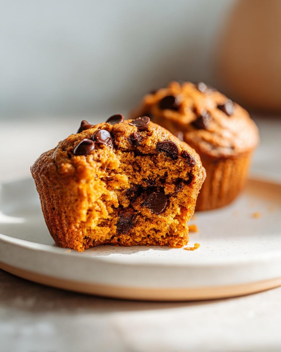 Close-up of a Pumpkin Spice Chocolate Chip Muffin with a bite taken out, revealing moist interior and chocolate chips.