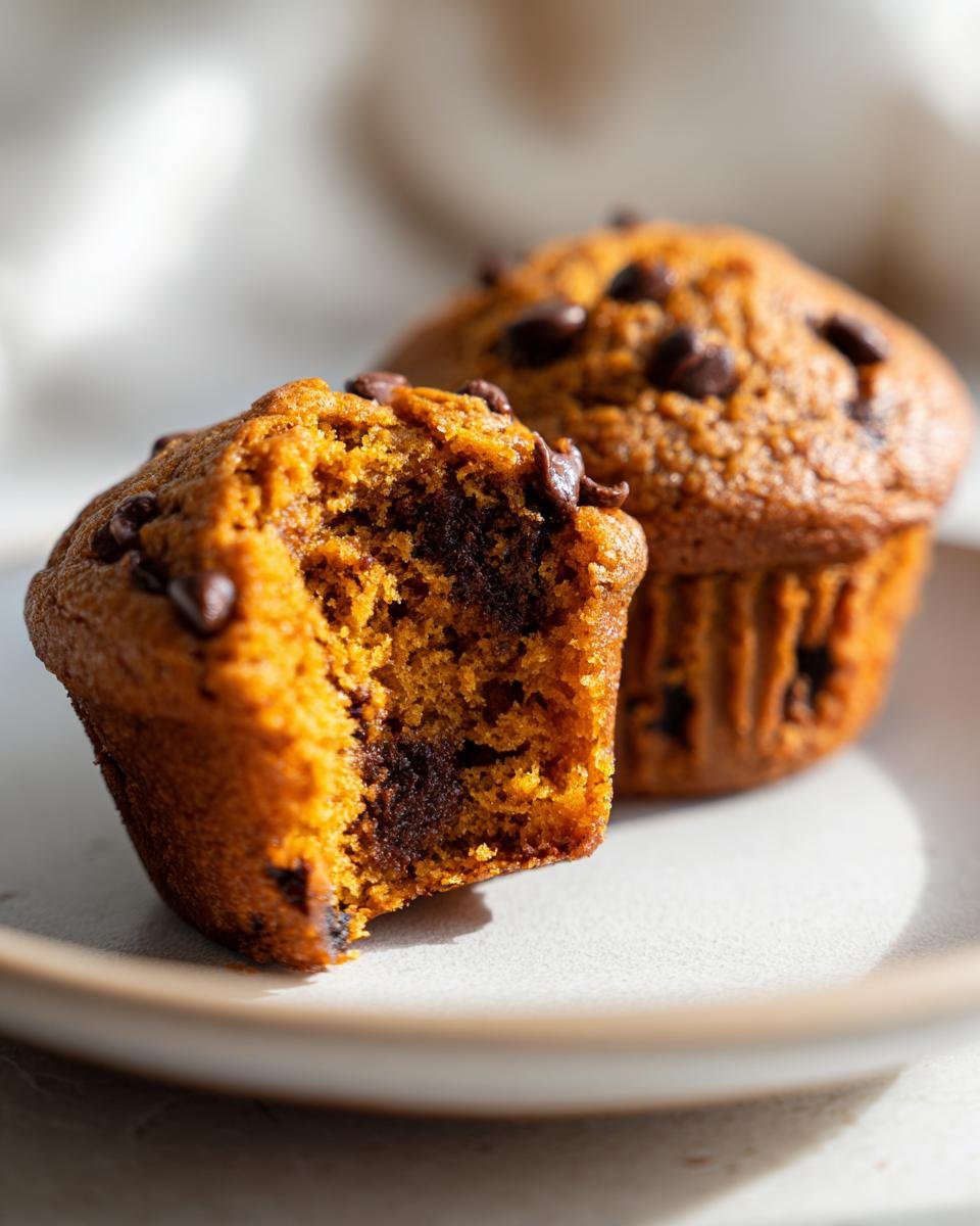 Close-up of a Pumpkin Spice Chocolate Chip Muffin broken open showing the moist crumb and melted chocolate chips inside.