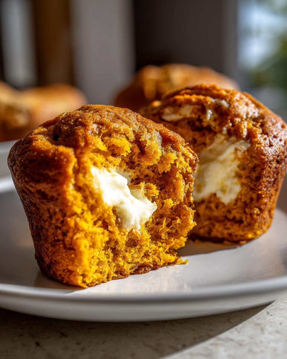 Close-up of a Pumpkin Spice Cream Cheese Muffin broken open to show the gooey cream cheese filling inside.