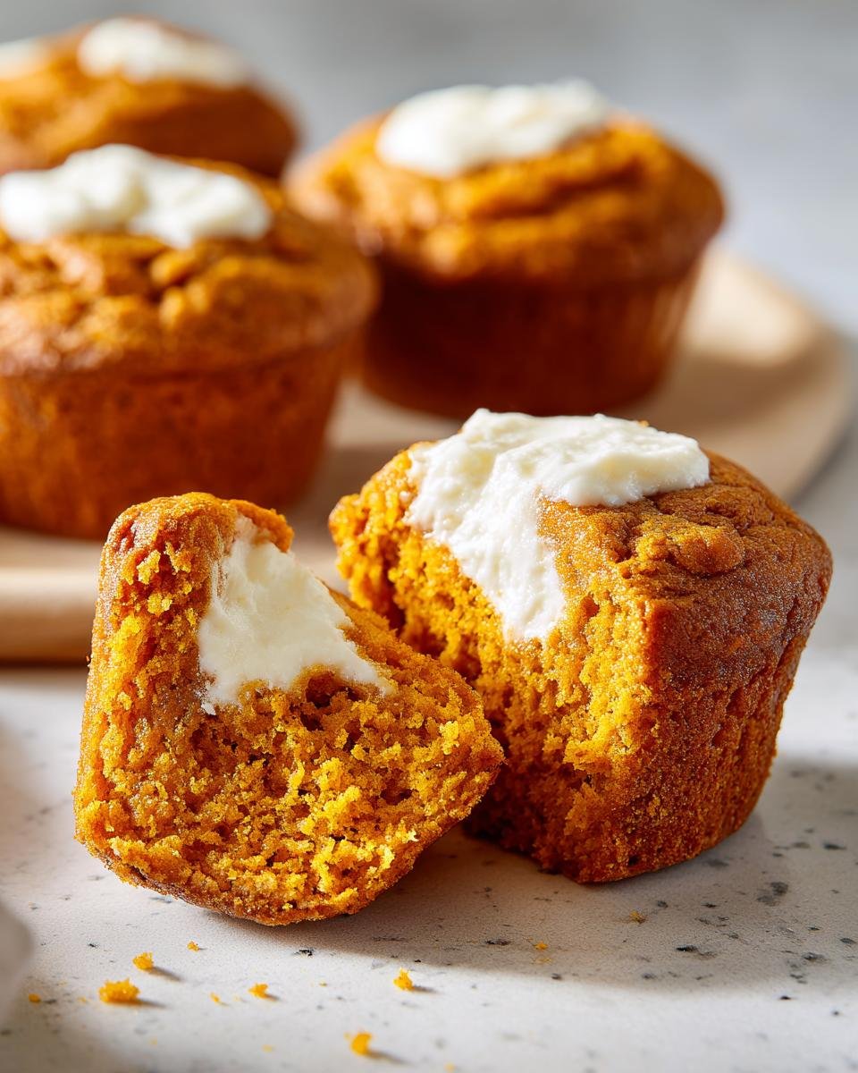A Pumpkin Spice Cream Cheese Muffin is broken in half showing the moist interior and cream cheese filling.