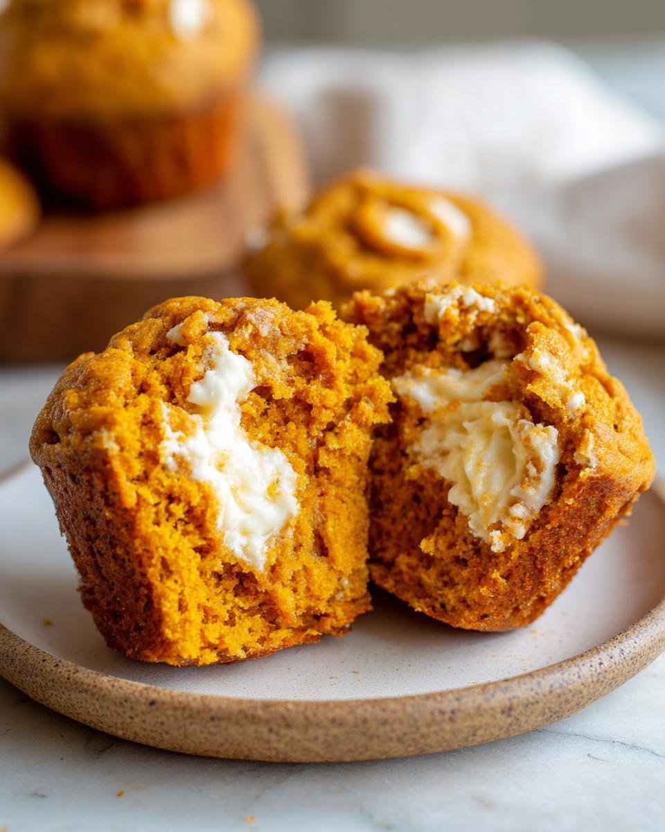 Close-up of a Pumpkin Spice Cream Cheese Muffin cut in half showing the creamy white center filling.