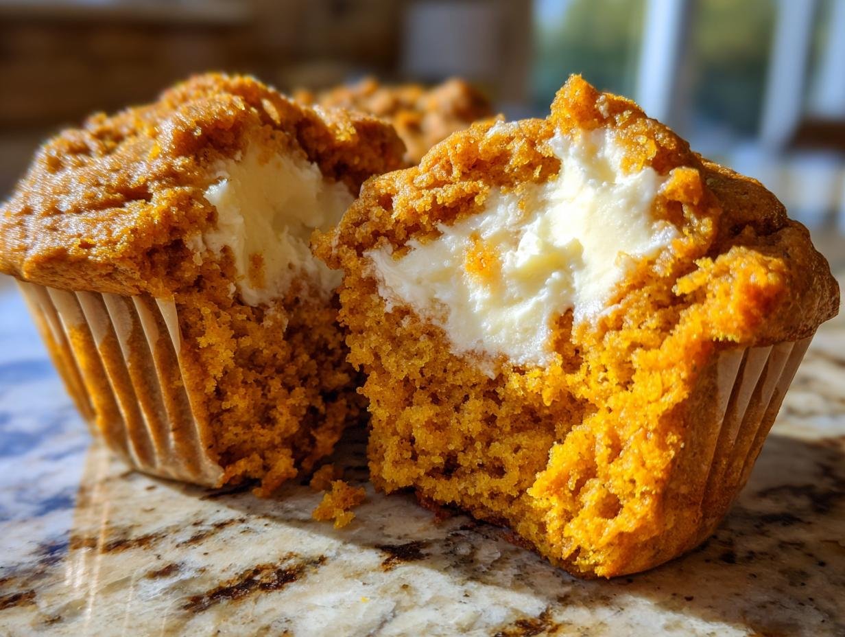 A close-up of a Pumpkin Spice Cream Cheese Muffin cut in half, revealing the bright orange cake and creamy white cream cheese center.