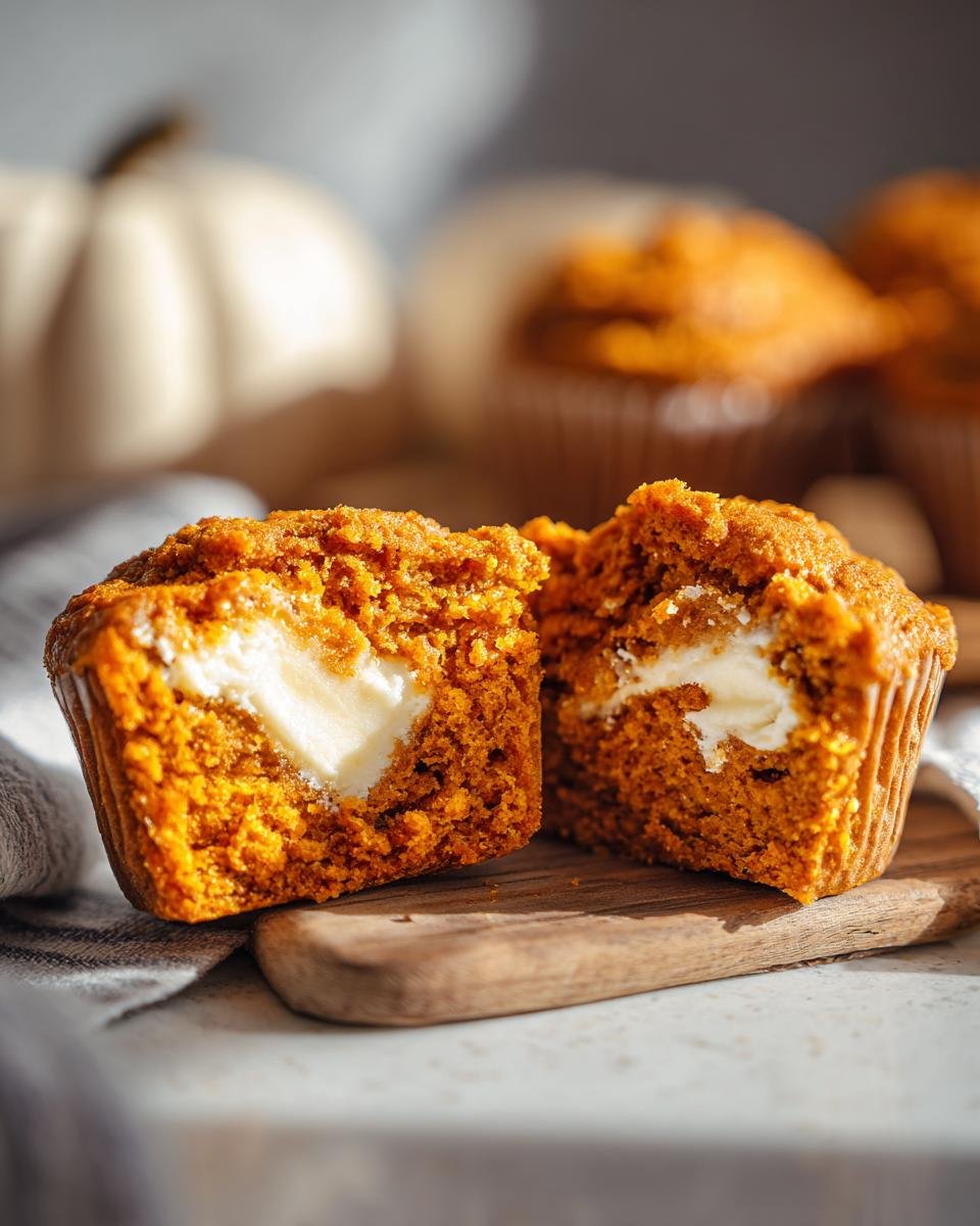 Close-up of Pumpkin Spice Cream Cheese Muffins cut open showing the creamy white center.