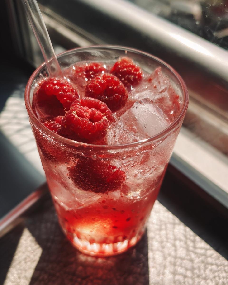 Close-up of a Raspberry Lemonade Mocktail in a glass with ice and fresh raspberries, garnished with a straw.
