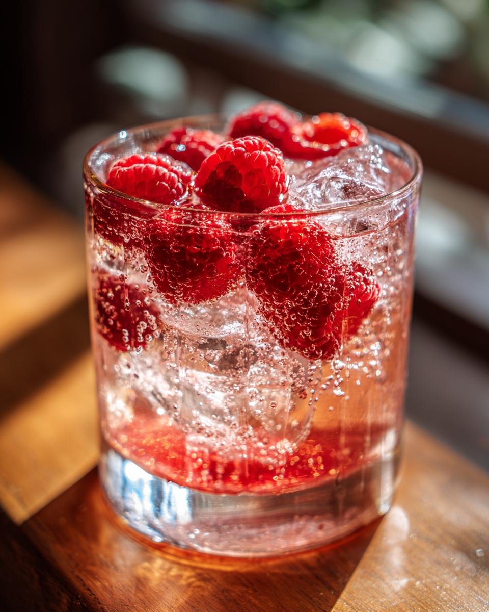 A close-up of a Raspberry Lemonade Mocktail in a glass, filled with ice and fresh raspberries, with bubbles rising.