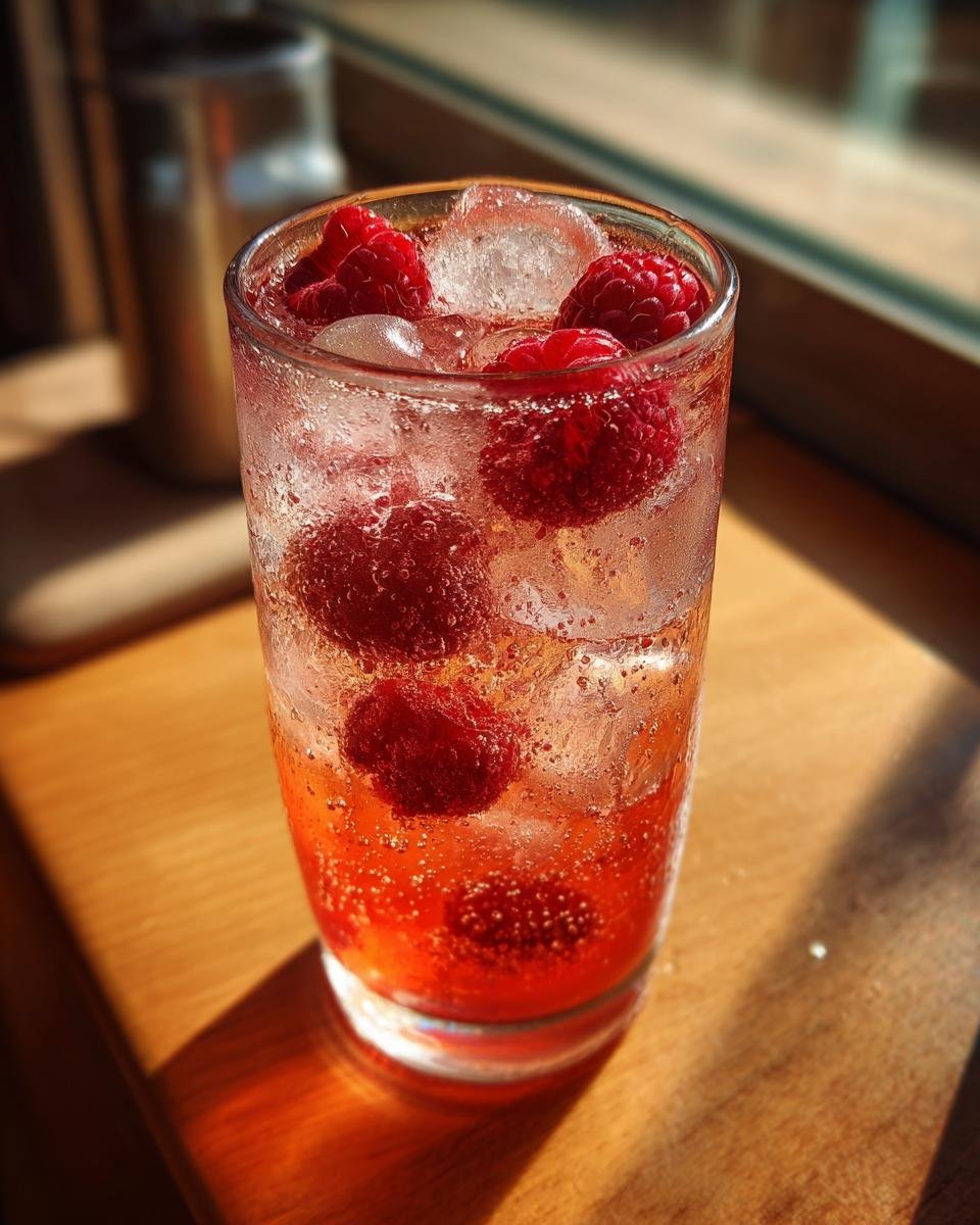 A tall glass filled with ice, raspberries, and a vibrant pink Raspberry Lemonade Mocktail, catching the sunlight.