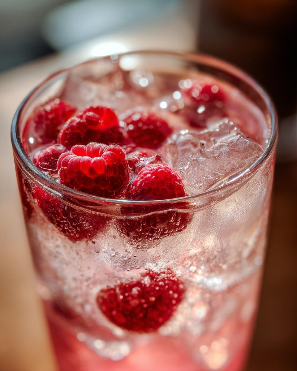 Close-up of a tall glass filled with ice and fresh raspberries, showcasing a vibrant Raspberry Lemonade Mocktail.