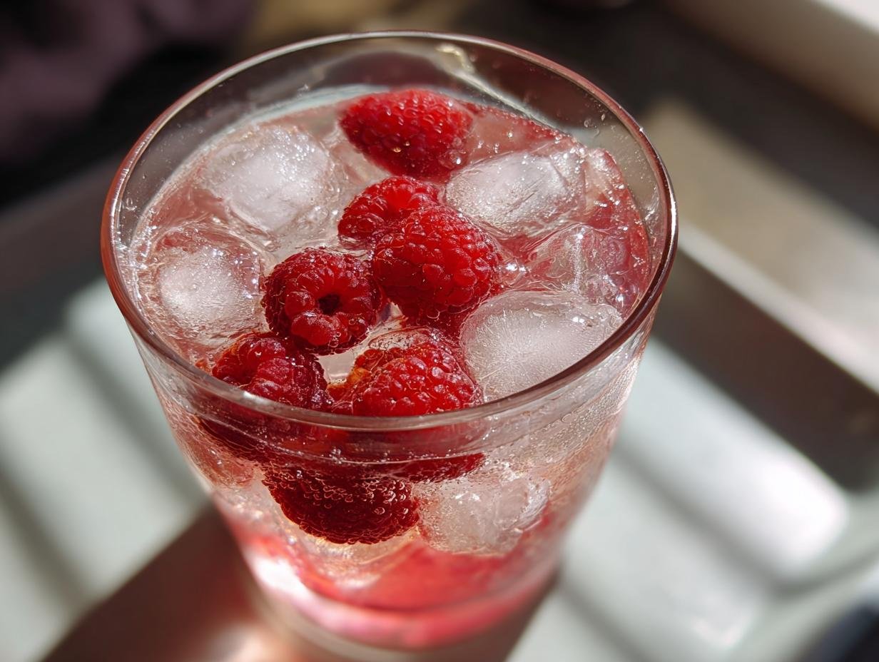 A close-up of a Raspberry Lemonade Mocktail in a glass, filled with ice and fresh raspberries.