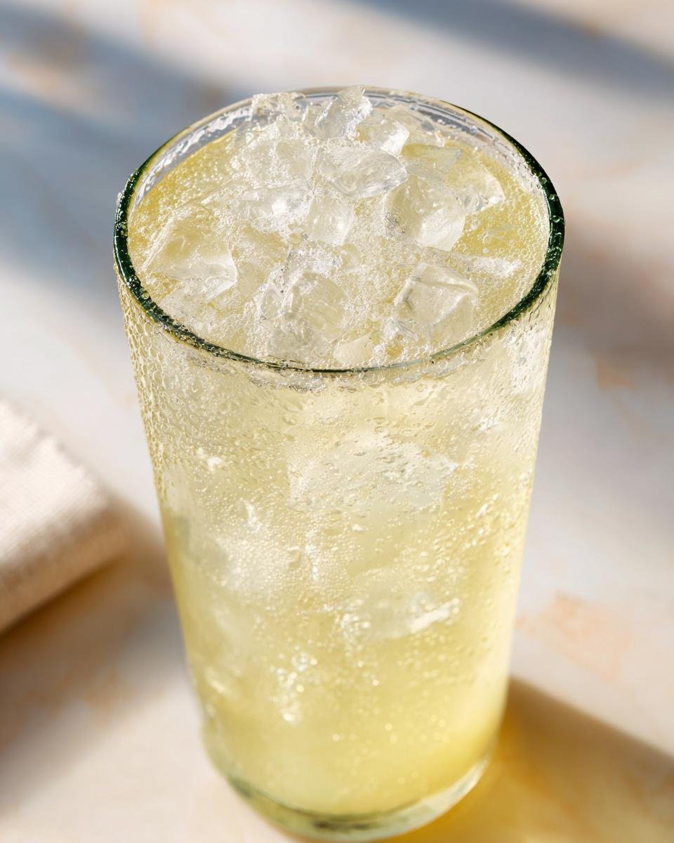 Close-up of a tall, sweating glass filled with ice and Refreshing Homemade Lemonade.