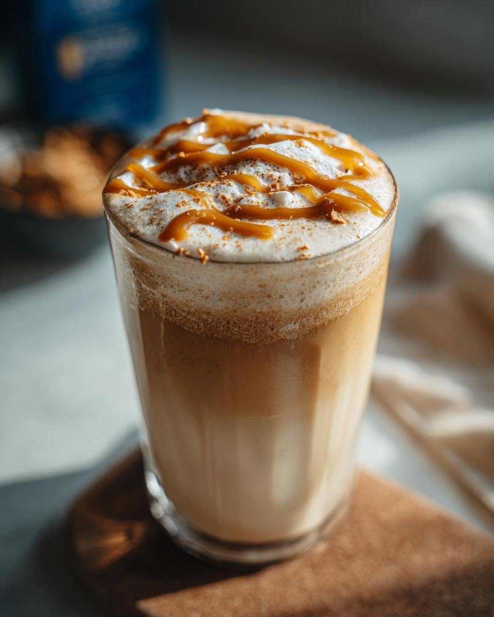 A tall glass of Salted Caramel Peanut Butter Latte topped with whipped cream, caramel drizzle, and cinnamon.
