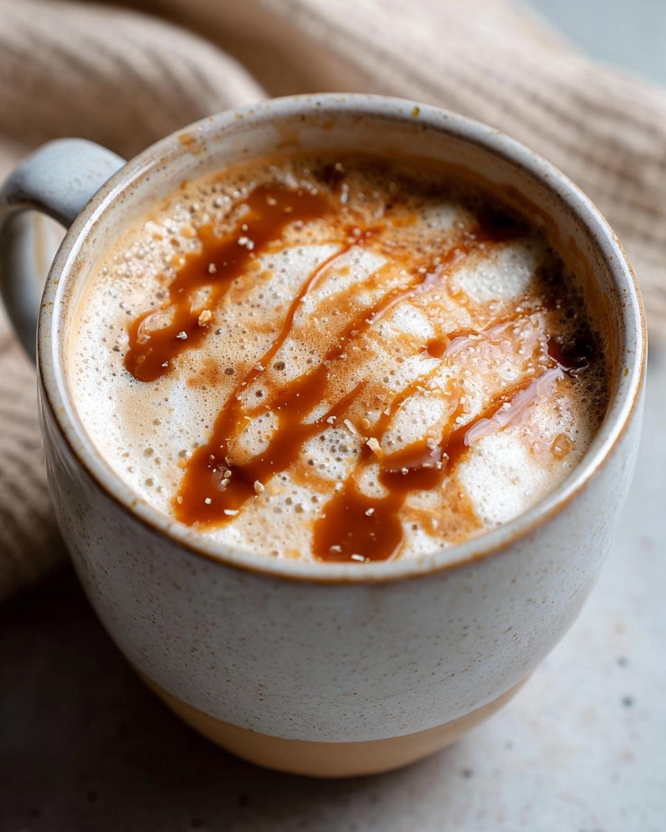 Close-up of a creamy Salted Caramel Peanut Butter Latte topped with caramel drizzle and sea salt flakes.