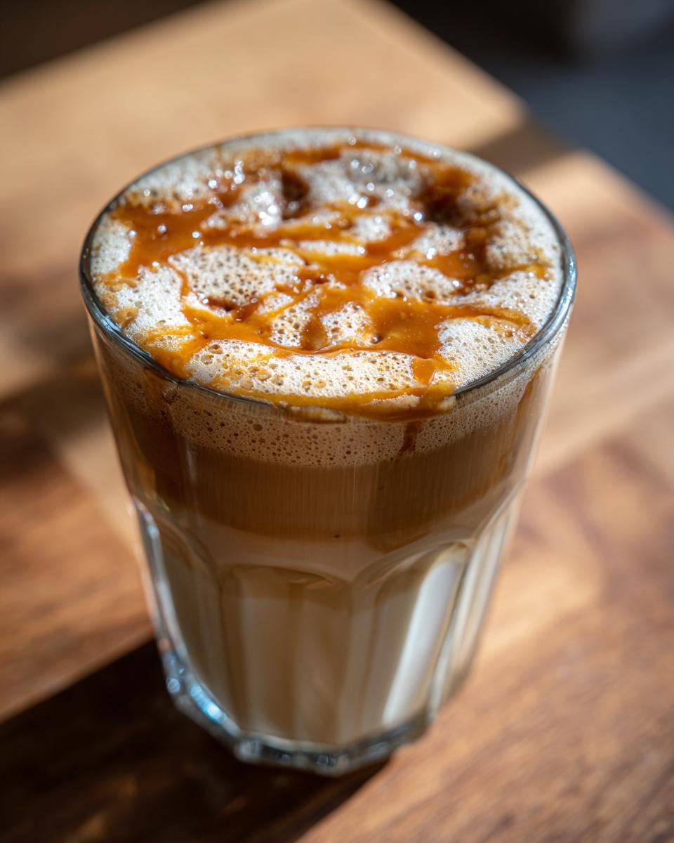 A tall glass of Salted Caramel Peanut Butter Latte topped with foam and a caramel drizzle.