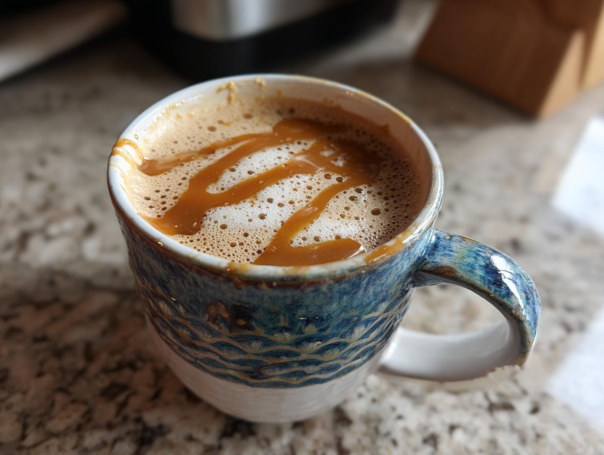 A close-up of a Salted Caramel Peanut Butter Latte in a decorative blue and white mug, drizzled with caramel.