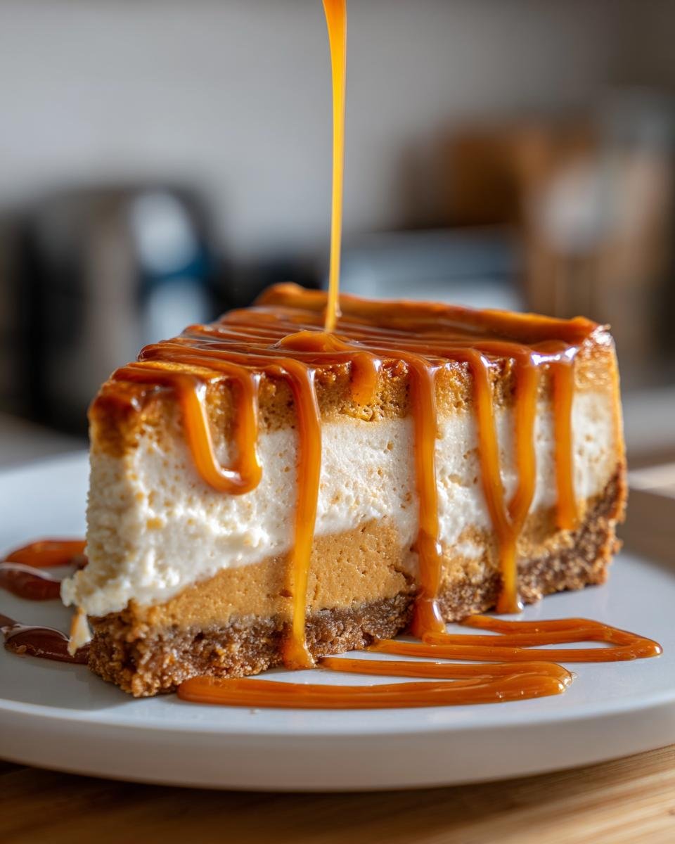 A decadent slice of Salted Caramel Pumpkin Cheesecake being drizzled with rich caramel sauce.