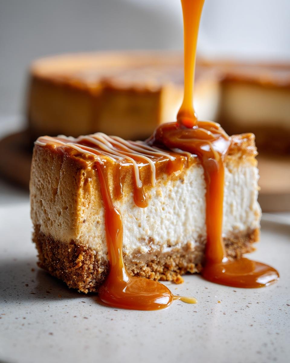 A close-up of a slice of Salted Caramel Pumpkin Cheesecake being drizzled with thick, glossy caramel sauce.