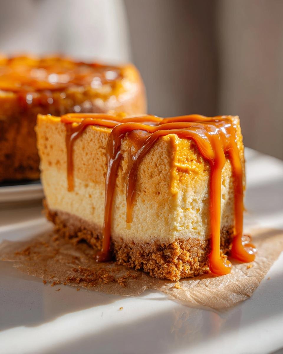 Close-up of a thick slice of Salted Caramel Pumpkin Cheesecake with rich caramel sauce dripping down the sides.