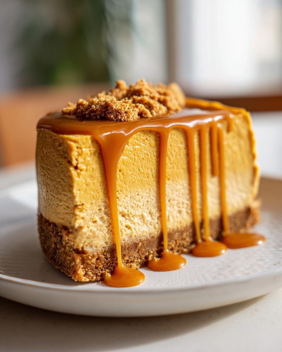 A decadent slice of Salted Caramel Pumpkin Cheesecake with thick caramel dripping down the sides.