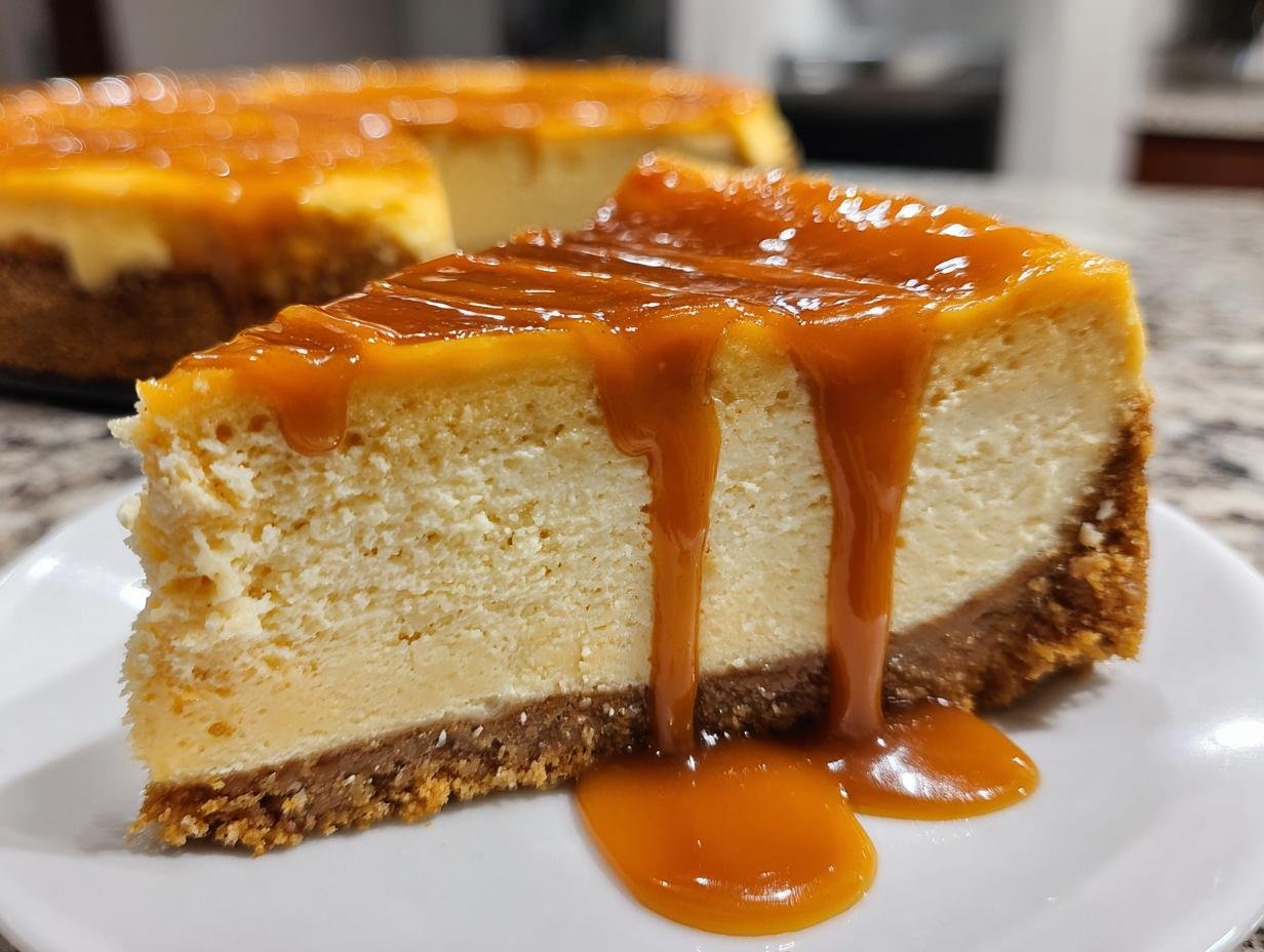 Close-up of a rich slice of Salted Caramel Pumpkin Cheesecake with thick caramel sauce dripping down the side.