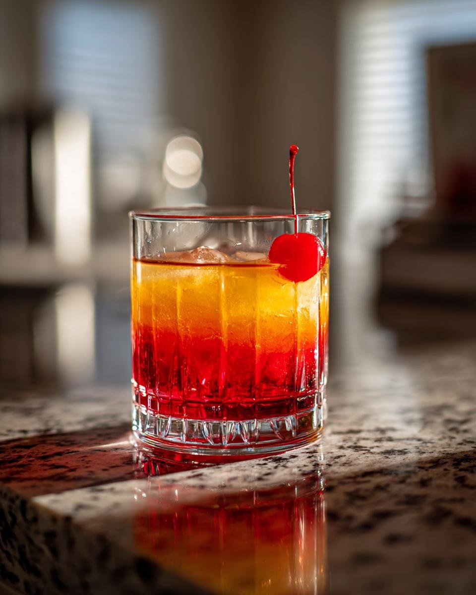 A layered Samarian Sunset cocktail in a glass with ice, garnished with a bright red cherry.