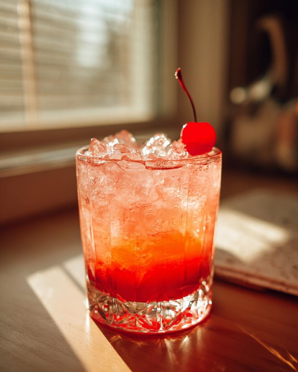 A refreshing Samarian Sunset cocktail in a glass filled with ice and topped with a maraschino cherry.