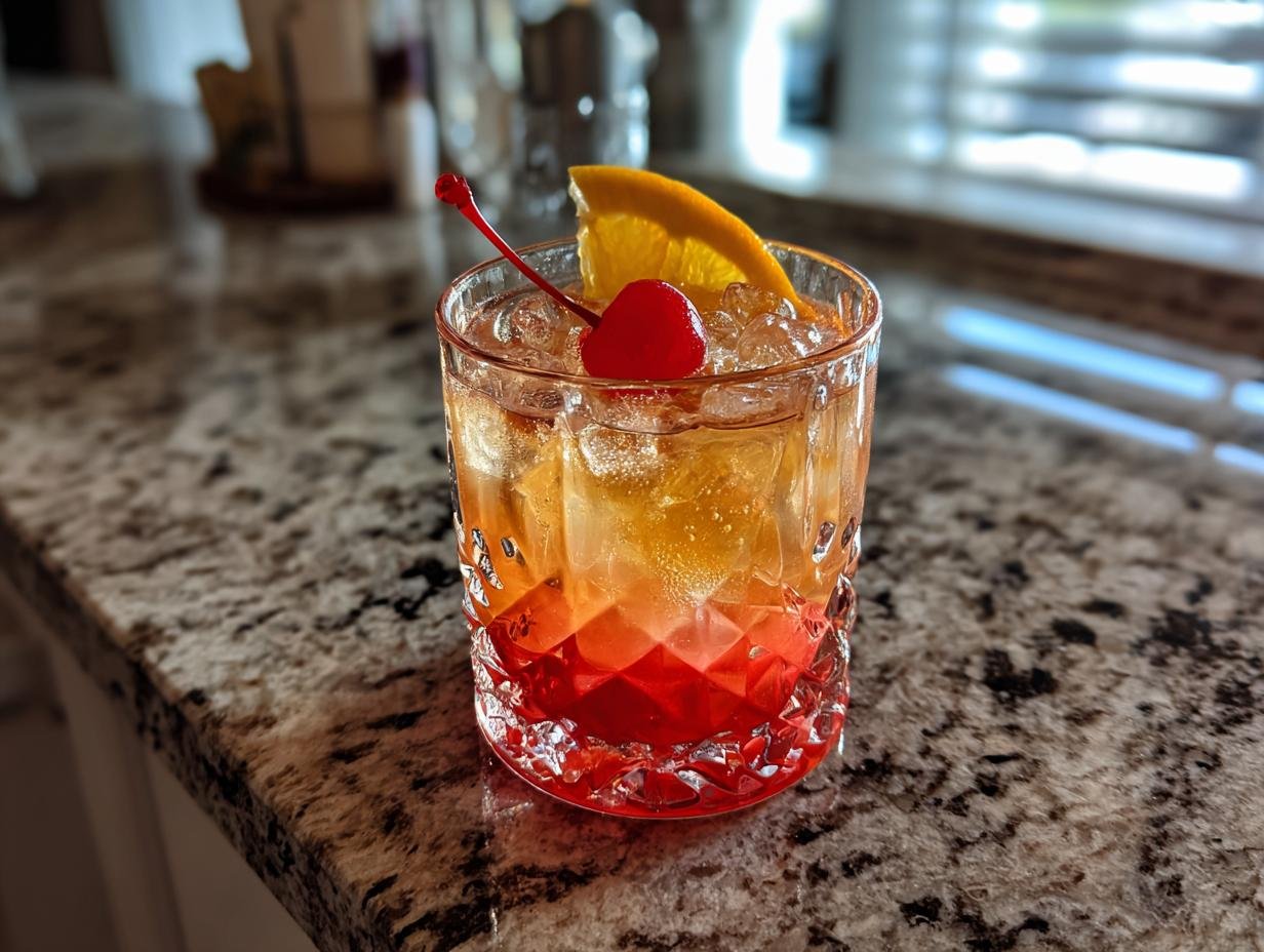 A vibrant Samarian Sunset cocktail in a glass, garnished with a maraschino cherry and an orange slice, served over ice.