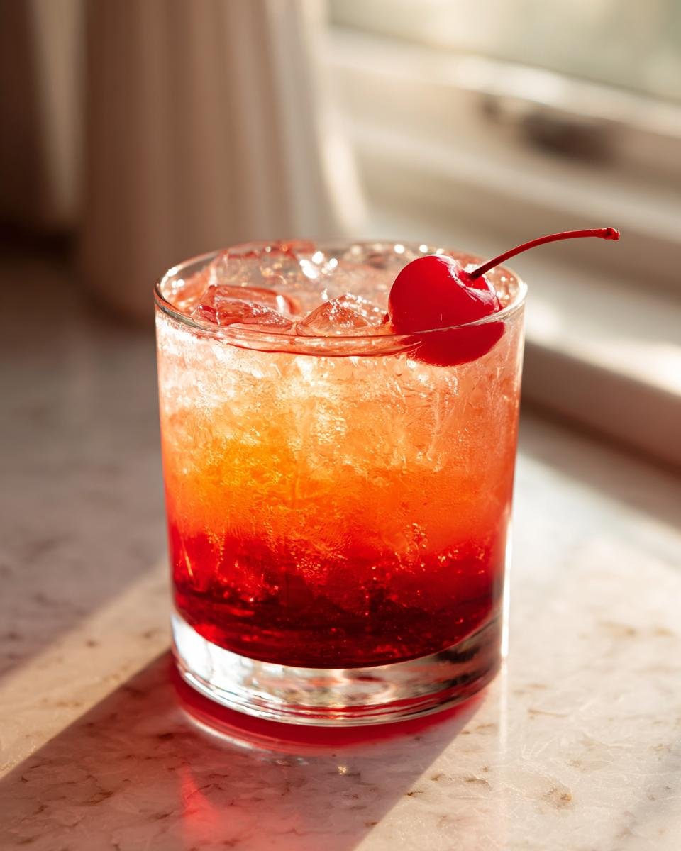 A refreshing Samarian Sunset cocktail with layered red and orange hues, filled with ice, and topped with a maraschino cherry.