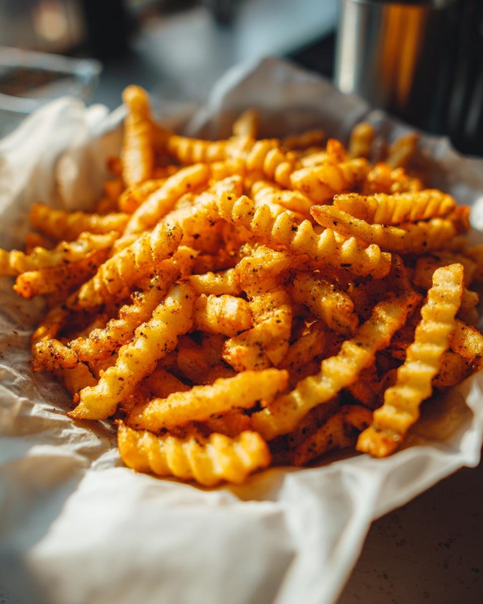A basket filled with golden brown, perfectly seasoned crinkle cut fries, ready to be enjoyed.
