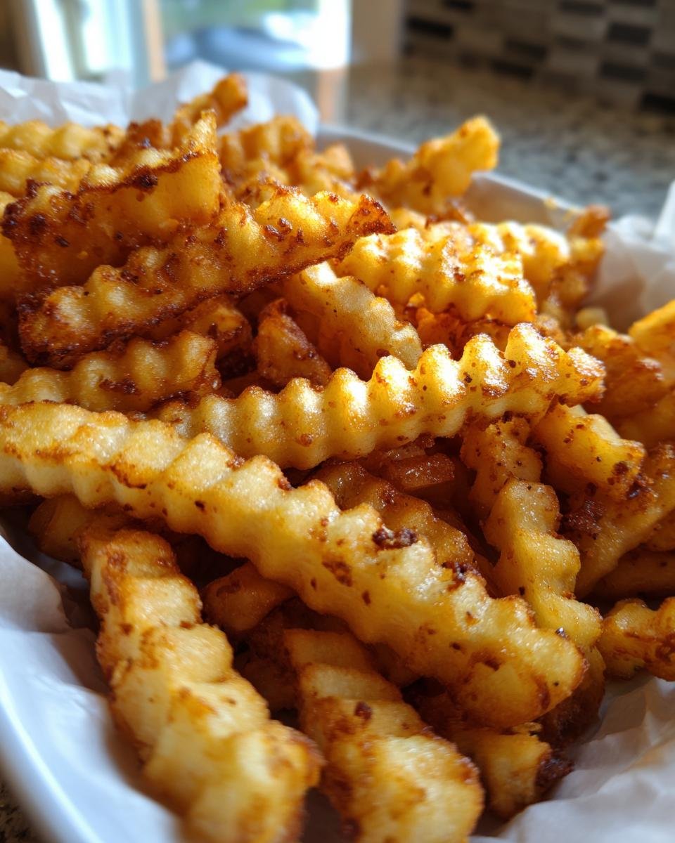 Close-up of a basket filled with perfectly seasoned crinkle cut fries, golden brown and crispy.