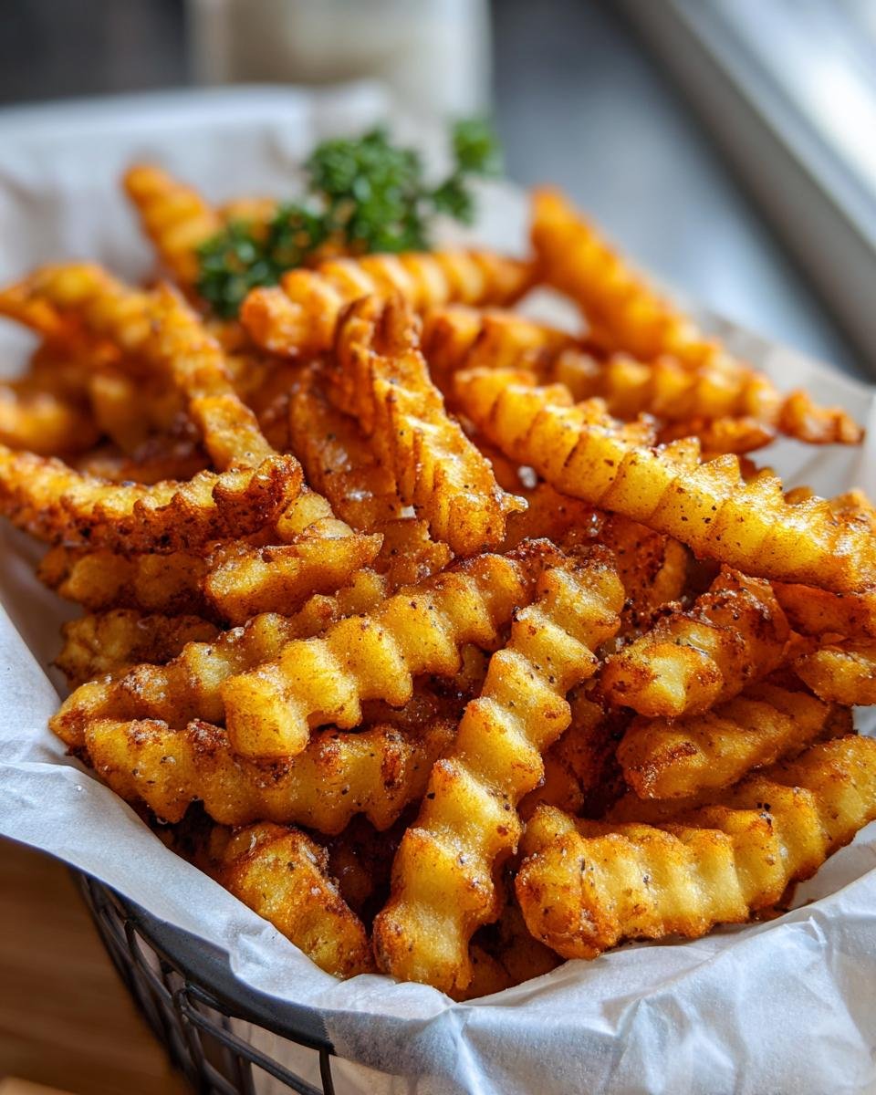 A close-up of a basket filled with golden brown seasoned crinkle cut fries, garnished with parsley.